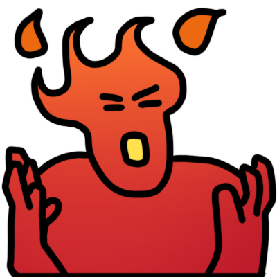 a red gradient person screaming with their hands curled in the air. the top of their head is flames, and the inside of their mouth is bright yellow
